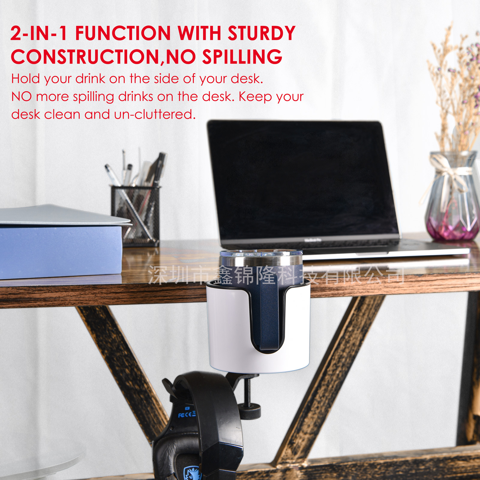 Aluminum alloy headphone stand, 360-degree rotating multifunctional no-drill desk edge cup holder and headphone hanger 2-in-1