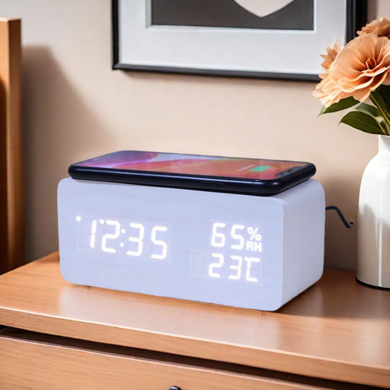 LED temperature and humidity wireless charging wooden clock, mobile phone wireless charging desktop silent electronic clock alarm clock