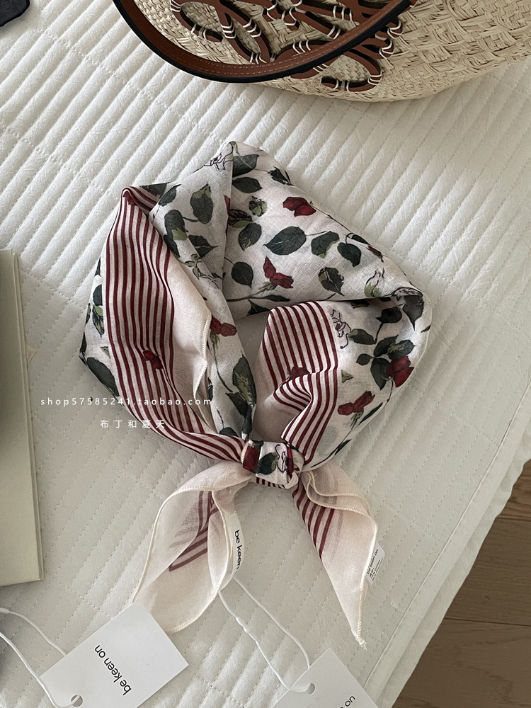 Skin-friendly soft cotton-linen breathable neck-protecting small square scarf, polka dot paisley headscarf, export Korean order neck scarf for women