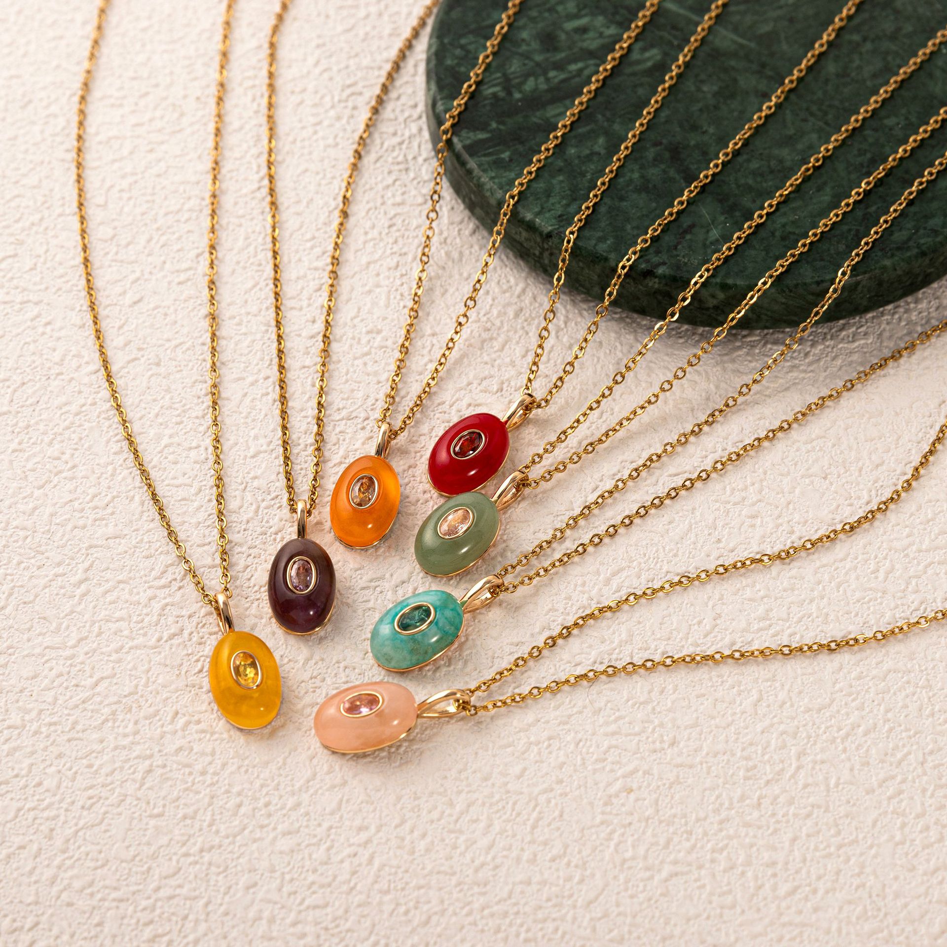 Titanium steel plated 18k gold natural stone rhinestone teardrop necklace multi-color accessory