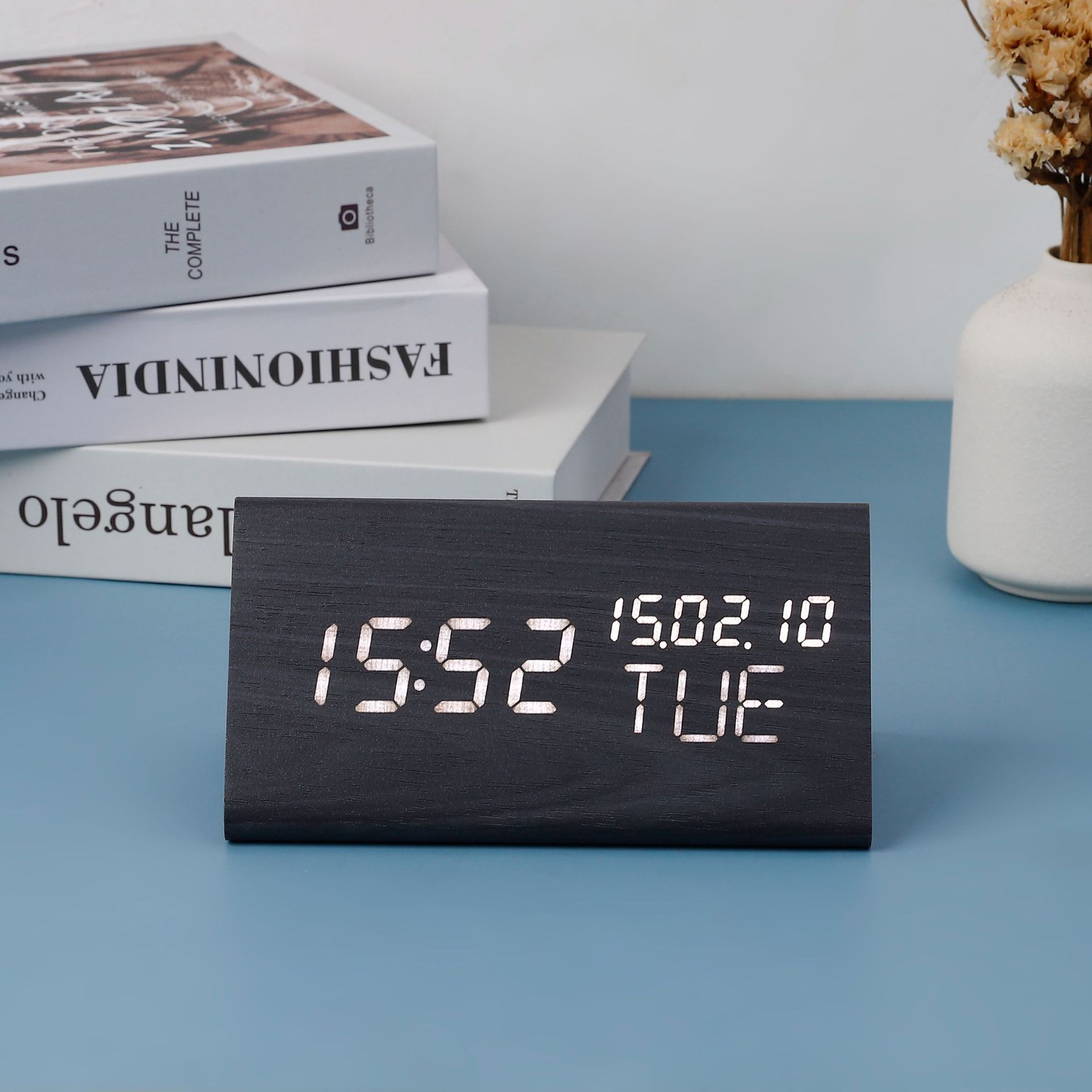 Three-display LED electronic wooden alarm clock, perpetual calendar clock bedside silent night light desk clock wooden clock
