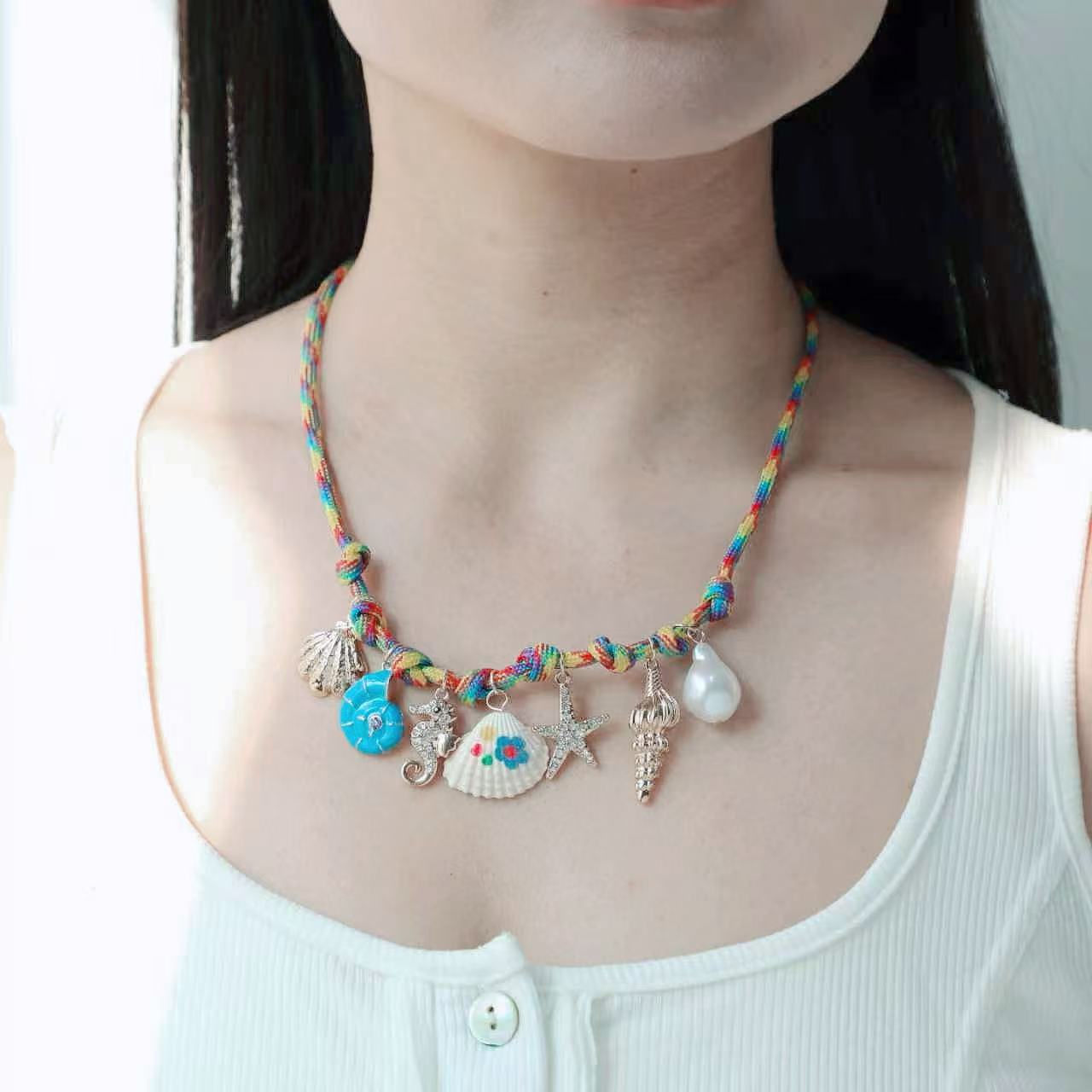 Kenjie colorful rope hand-woven necklace shell multi-pendant ocean vacation bohemian necklace