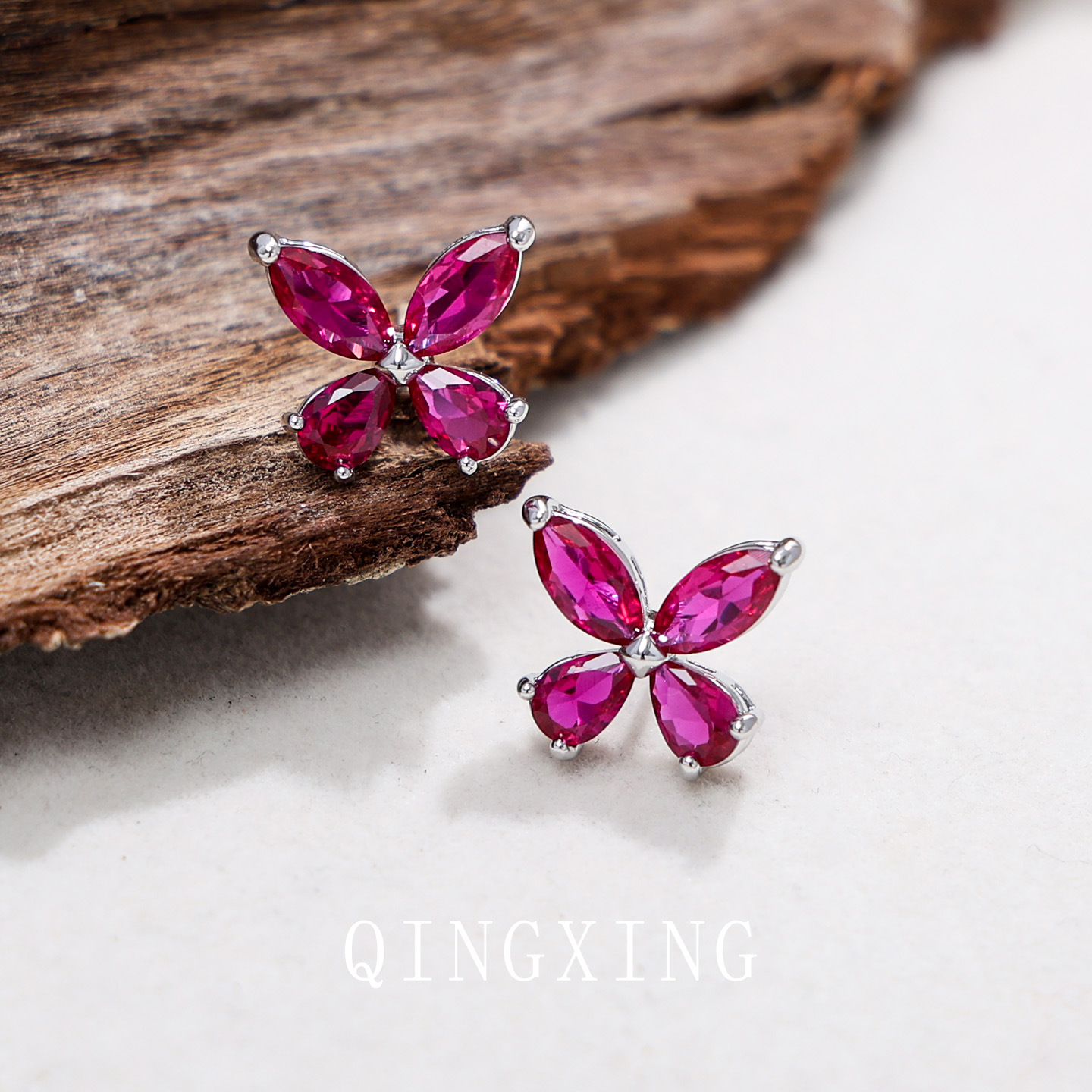 S925 Pure Silver Needle Red Corundum Spinel Butterfly Ear Studs Super Fairy Lake Green Pendant Collarbone Chain Women's Accessory