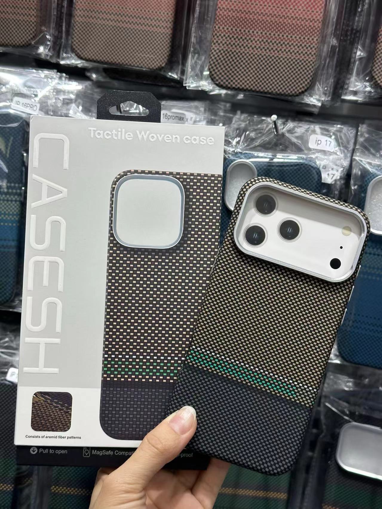 For iPhone 17 Pro Max Large Hole Houndstooth Phone Case Apple 16 Built-in Magnetic Woven Texture 15 Hard Case