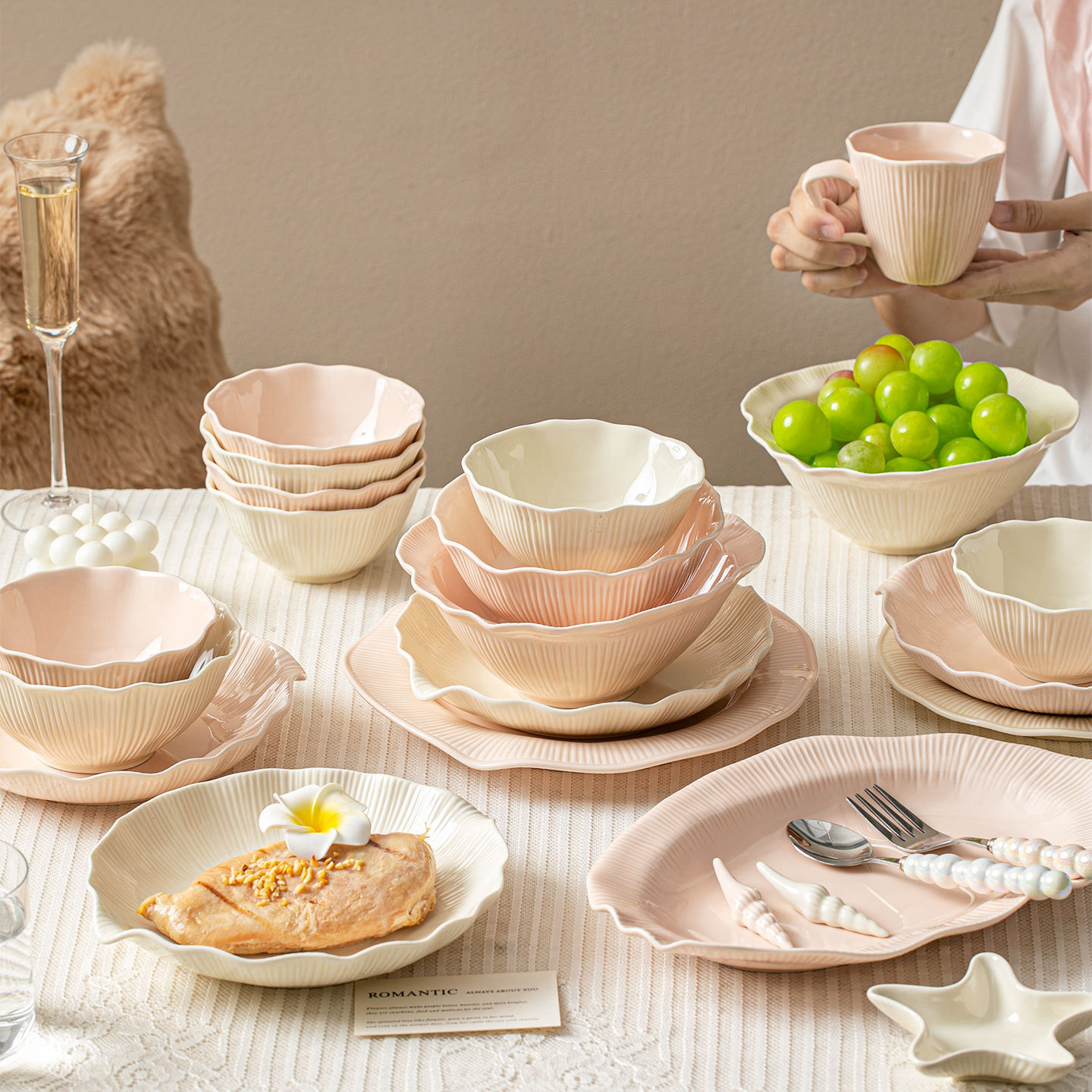 Ceramic bowl plate dish set cream style simple home rice bowl vegetable plate cup bowl chopsticks combination bowl