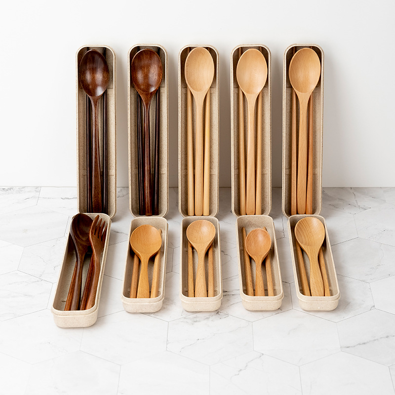 Zhiguang Long Handle Wooden Spoon Outdoor Portable Tableware Travel Set Public Chopsticks Spoon Three-piece Set Rice Noodle