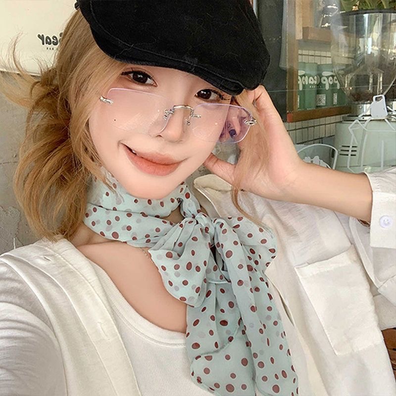 Gentle pink polka dot silk scarf for women minimalist eye-catching thin necktie neck accessory floating hair tie