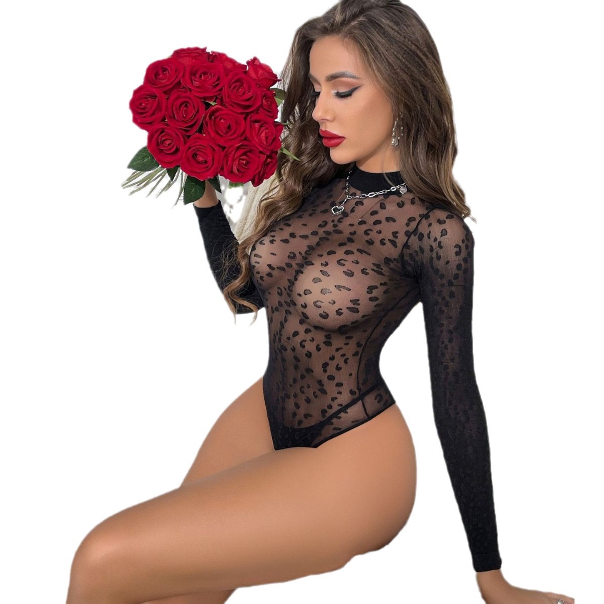 8310 Qingqu underwear, flirting fun bikini clothing, plus-size bodysuit long-sleeve mesh top