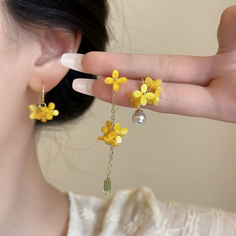 Golden autumn osmanthus long tassel flower forest sweet earrings ear hooks mosquito coil ear cuffs women