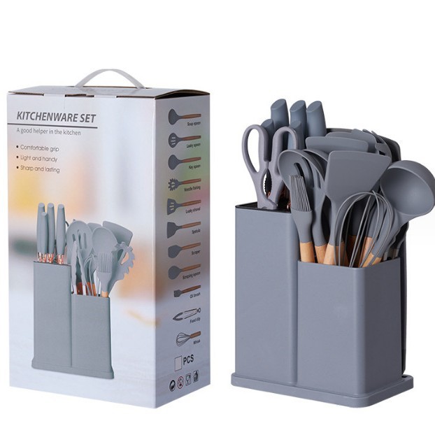 19-piece silicone kitchen utensil set with knife, silicone combination kitchen utensils 19-piece double-barrel straw silicone kitchen utensil set with knife