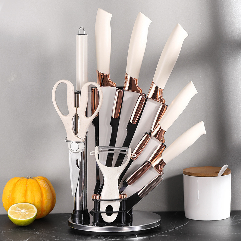 New kitchen knife set 9-piece stainless steel electroplated head with rotating acrylic knife holder ready