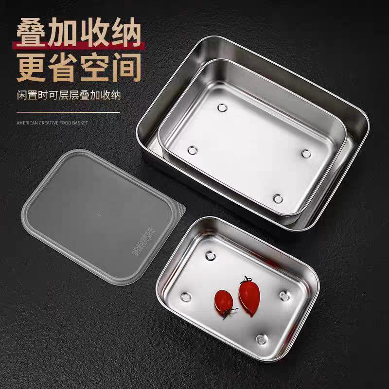 Stainless steel fresh-keeping box commercial cold storage box with lid oil filter rack refrigerator storage box rectangular sealed lunch box