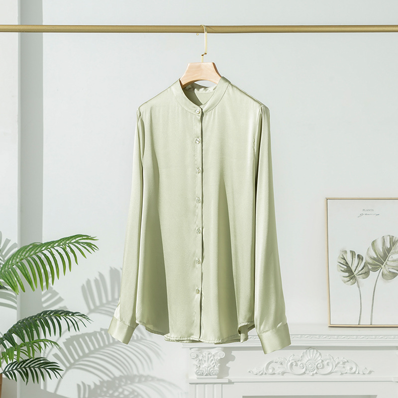 2026 Spring Autumn New Silk Blouse for Women Satin Long Sleeve Shirt Niche Mulberry Silk Top Stand Collar Cardigan