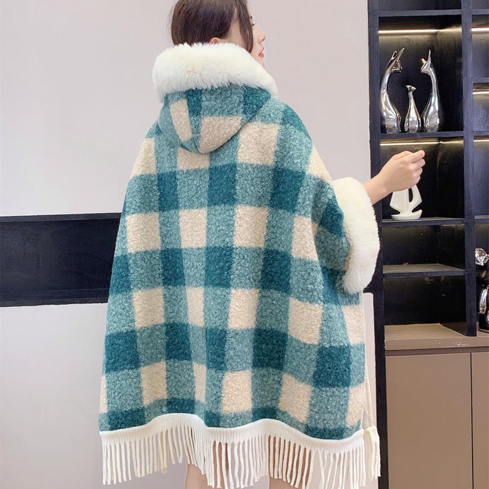 Live Autumn Winter New Plaid Tassel Fleece Lined Thickened Hooded Cape Shawl Fur Collar Warm Coat
