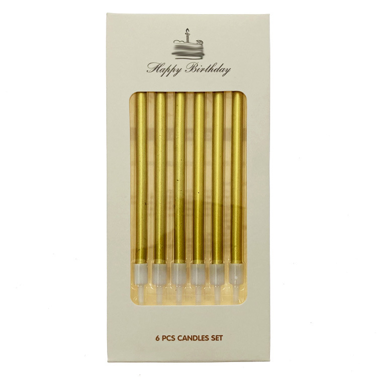 5ZW Long Rod Gold Silver Colorful Gold-Plated Pencil Birthday Candle Dessert Table Cake Baking Supplies 6 Pieces Box