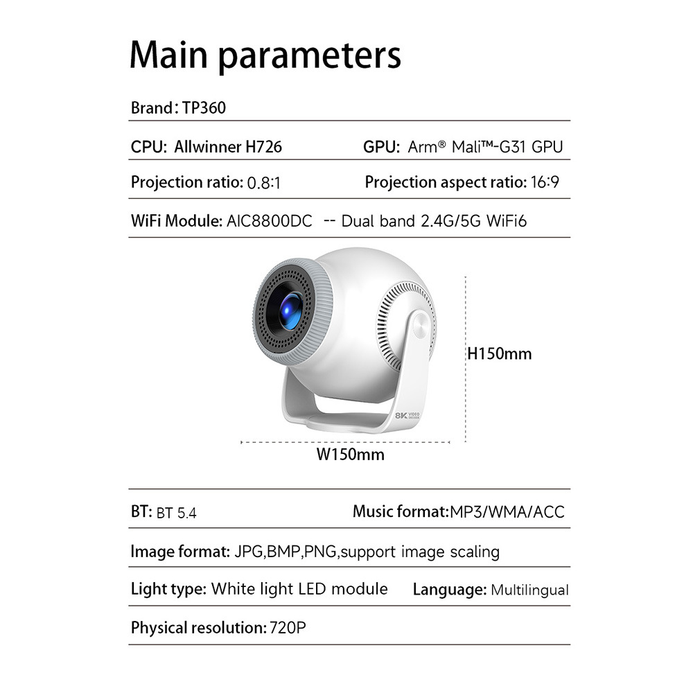 New TP360 Projector WiFi Home HD 4K Smart Projector Portable Mini Wireless Android