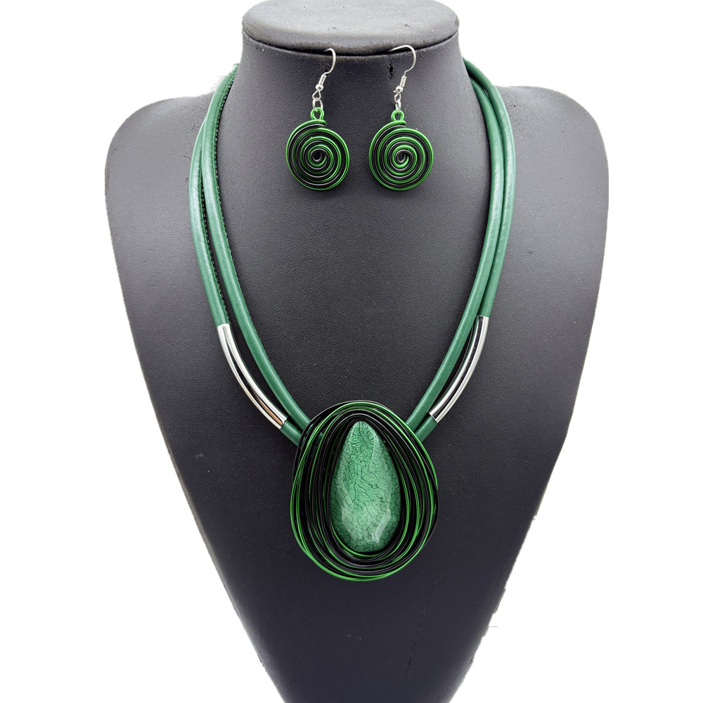 Spanish aluminum strip leather rope resin teardrop pendant necklace and earring set accessories necklace