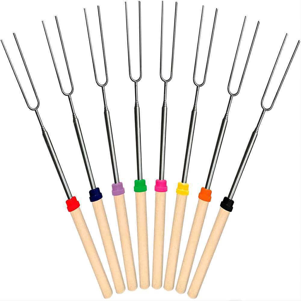 Zibo BBQ Festival Outdoor BBQ Stainless Steel Telescopic BBQ Fork U-shaped Wooden Handle BBQ Stick Roast Fork BBQ Skewer