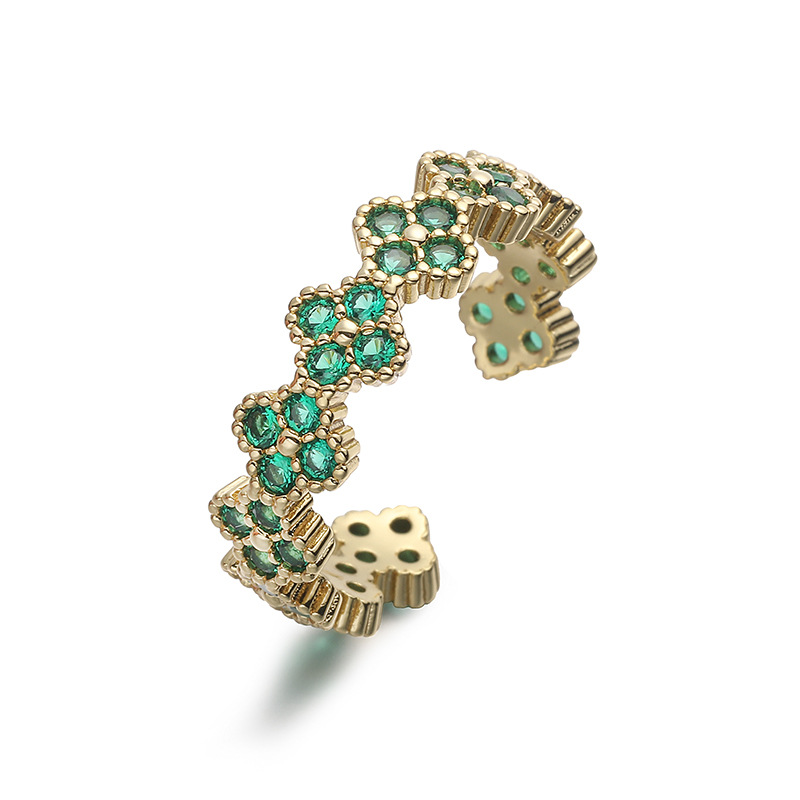 Copper Inlaid Colorful Diamond Four-Leaf Clover Ring Unique Super Shiny Flower Petal Open Adjustable Ring