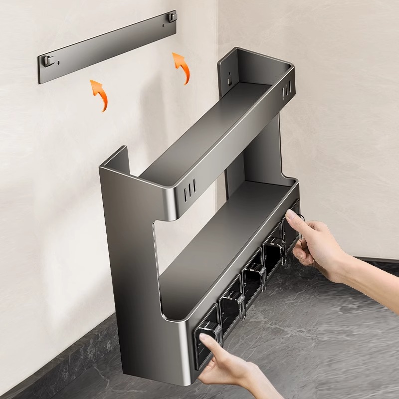 Kitchen storage rack wall-mounted oil salt sauce vinegar seasoning jar no-drill multifunctional storage supplies complete set