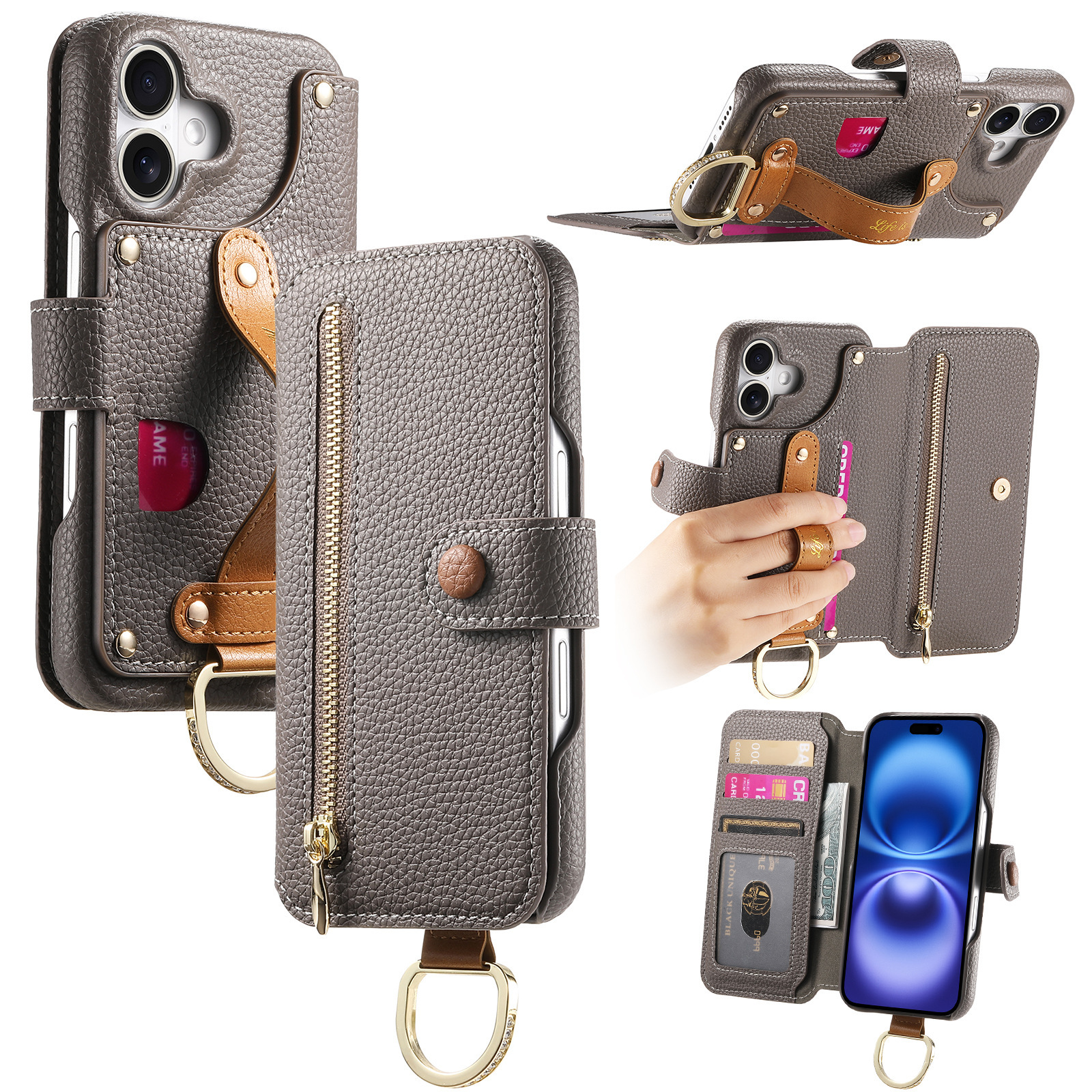 Leather grain plain leather back adhesive flip phone case for Apple 18 phone case card slot iPhone18 case