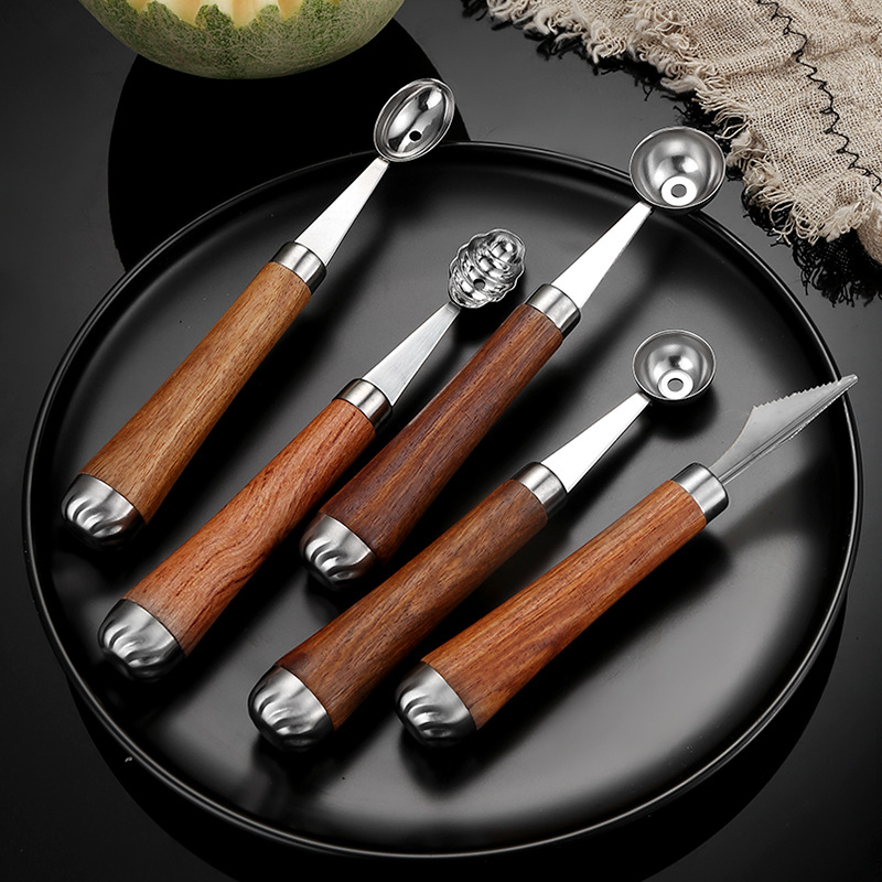 304 stainless steel fruit ball scoop, carving cutter, rosewood handle, household DIY platter tool
