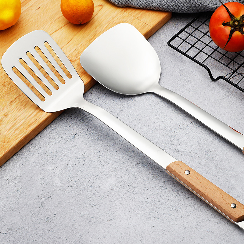 201 non-magnetic stainless steel spatula, soup spoon kitchen set, kitchen cooking household solid wood handle frying spatula, slotted spoon logo