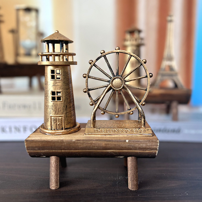1047 Iron Tower Hourglass Ornament Simple Modern Home Study Wooden Base Hourglass Ornament