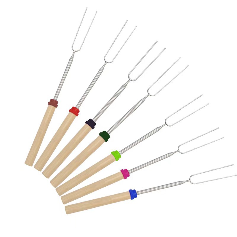 Zibo BBQ Festival Outdoor BBQ Stainless Steel Telescopic BBQ Fork U-shaped Wooden Handle BBQ Stick Roast Fork BBQ Skewer