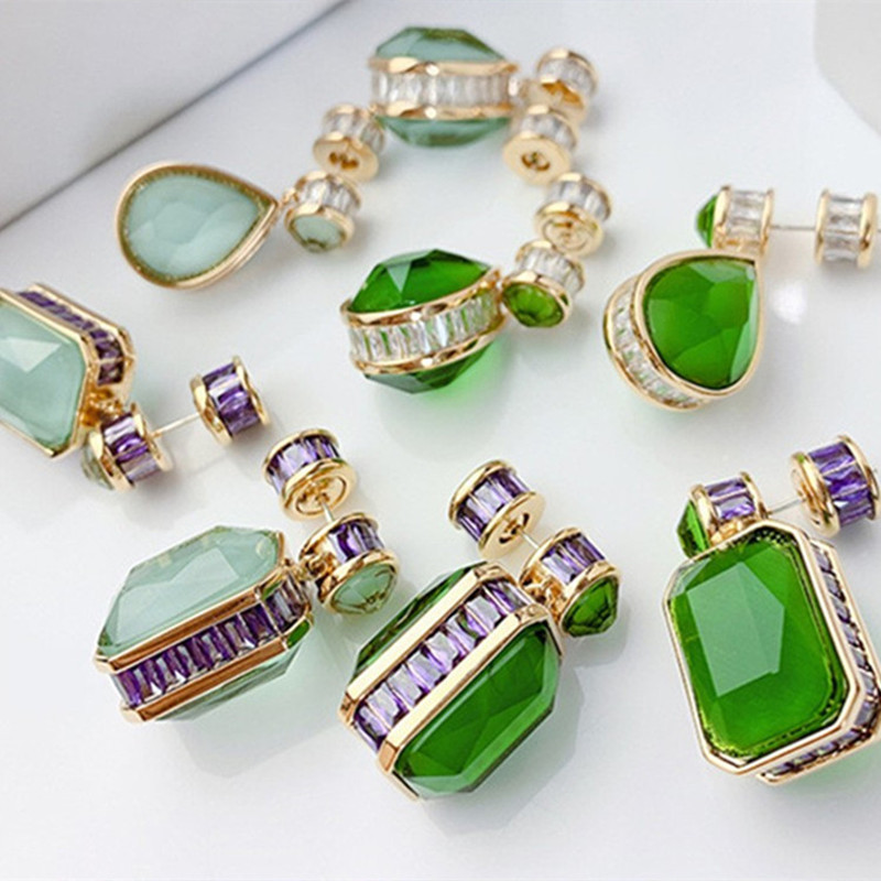 Long gemstone inlaid zircon earrings ear accessories Chinese style three-dimensional geometric earrings