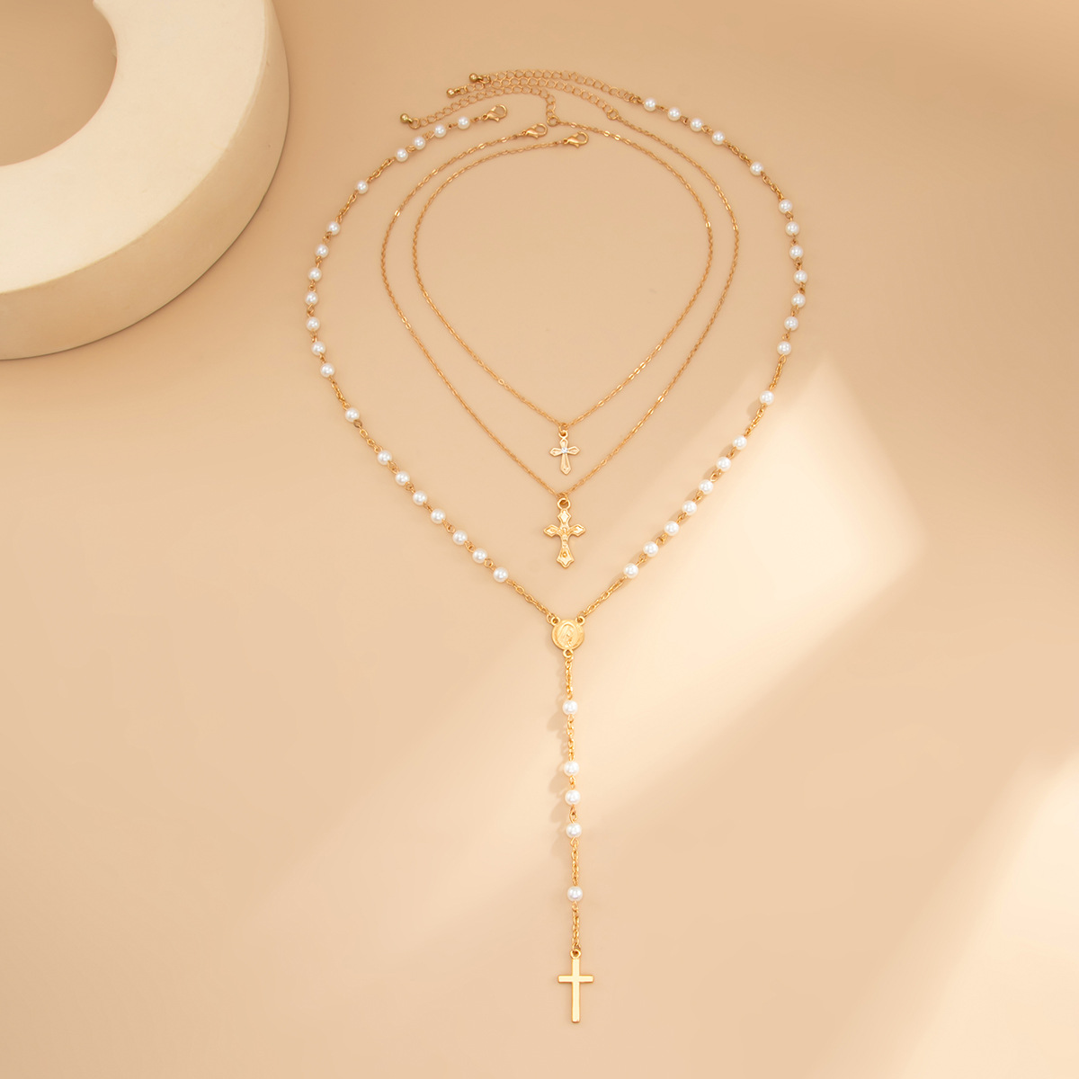 Jewelry cross metal pendant necklace elegant pearl bead Y-shaped锁骨链 multi-layer
