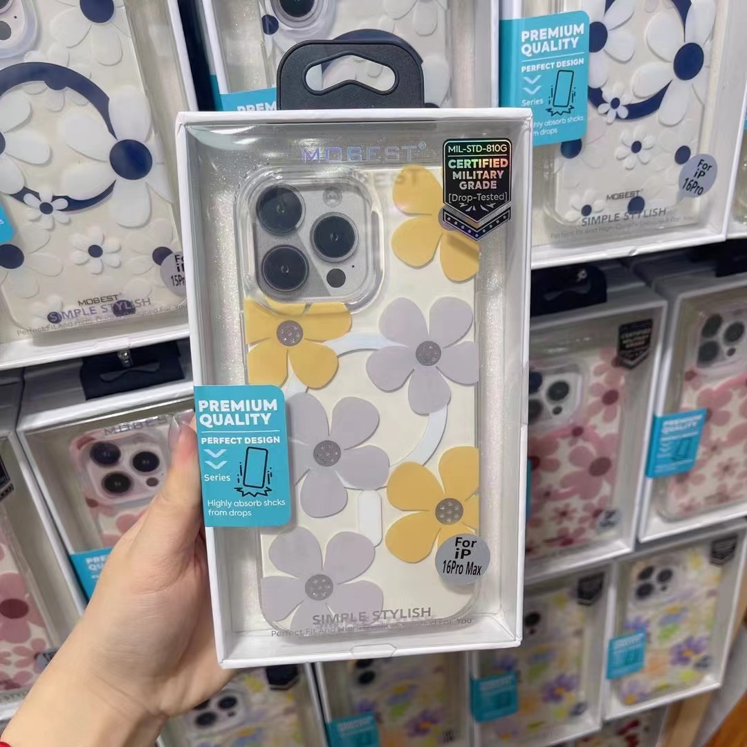 For iPhone 16 Pro Max Garden Transparent Magnetic Phone Case Apple 17 Electroplated Daisy Flower Case