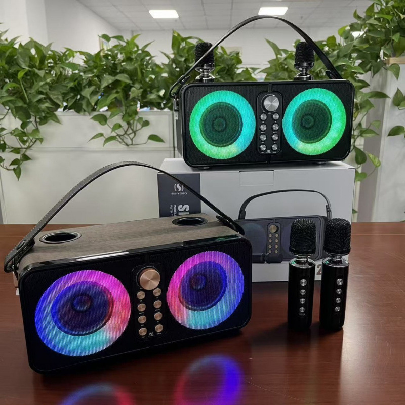 YS607 Colorful Portable Outdoor Home Leather Texture High Power 3600mAh Dual Wireless Mic KTV Speaker