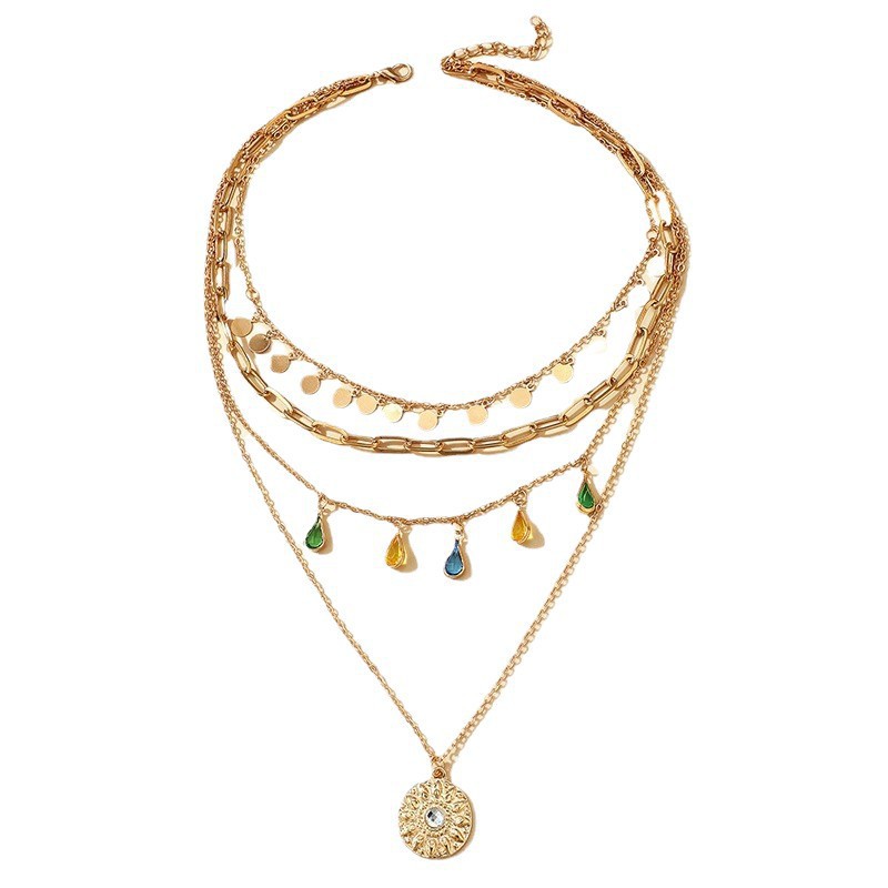 New Multi-Layer Layered Necklace Set Women Gemstone Pendant Choker Round Piece Tassel Neck Chain