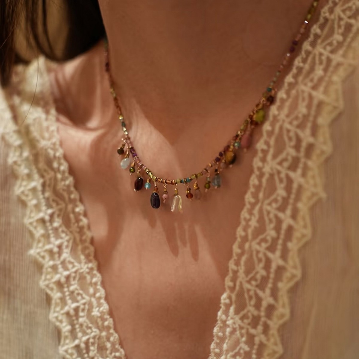 Bohemian colorful tassel dreamy irregular natural stone pendant delicate necklace simple