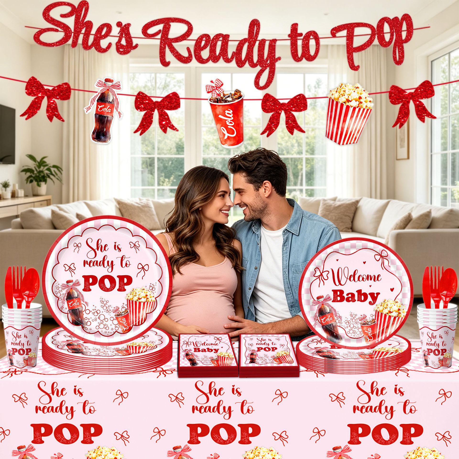 New Baby Shower Cola Popcorn Christening Theme Party Tableware Paper Plate Bunting Flag Tablecloth Decoration