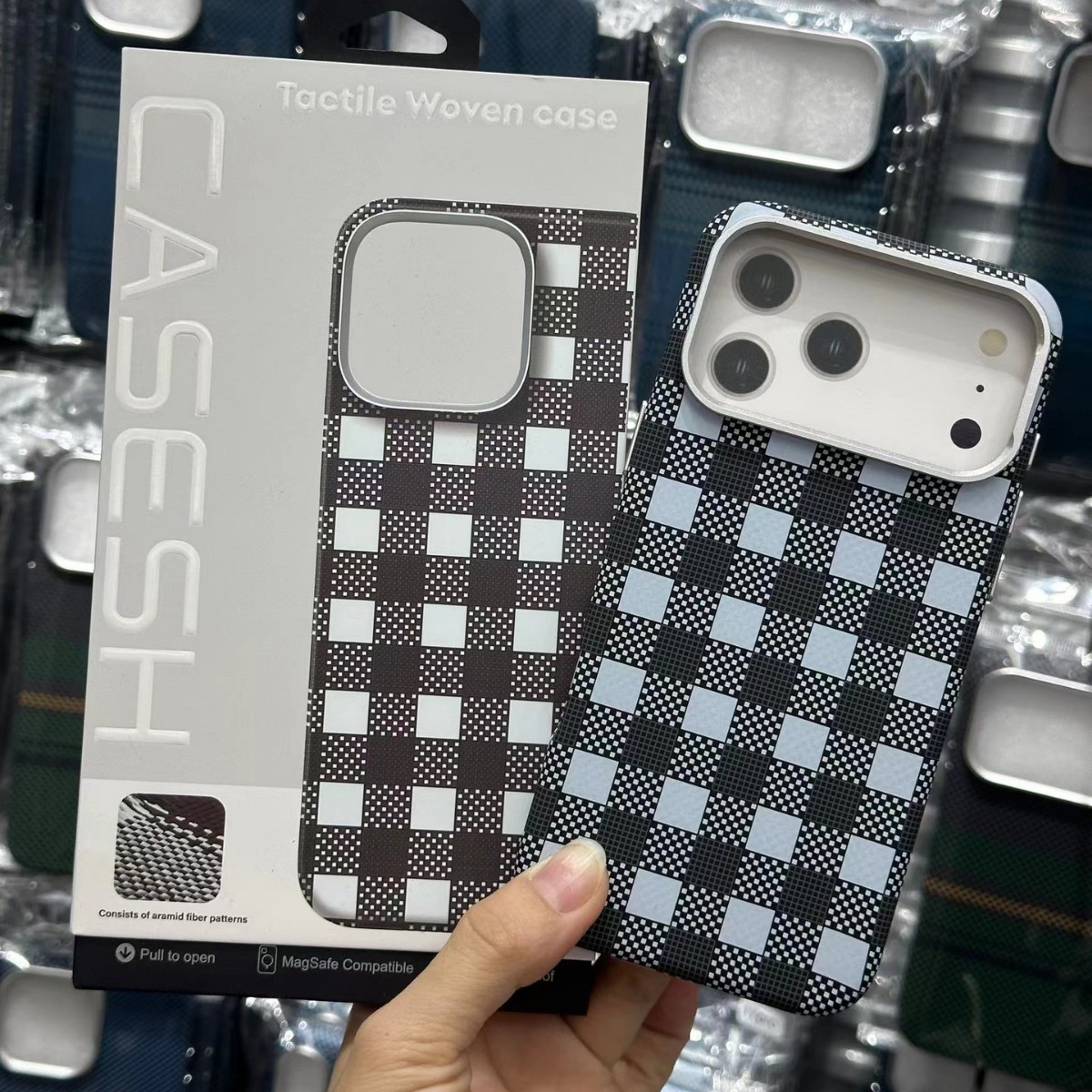 For iPhone 17 Pro Max Large Hole Houndstooth Phone Case Apple 16 Built-in Magnetic Woven Texture 15 Hard Case