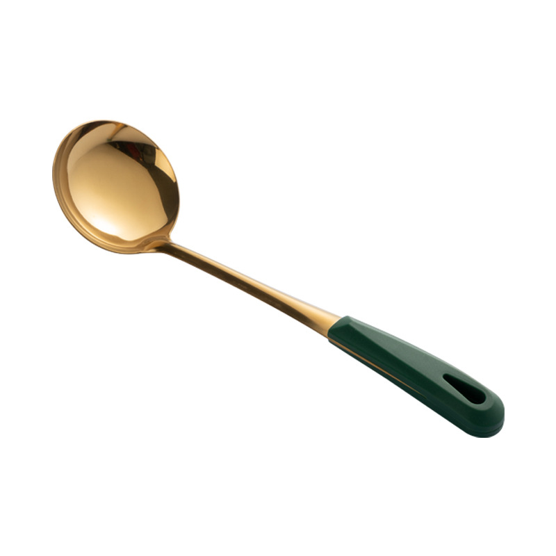 New 304 stainless steel soup spoon, soup slotted spoon, long-handled hot pot spoon, dark green gold-plated soup ladle kitchen set