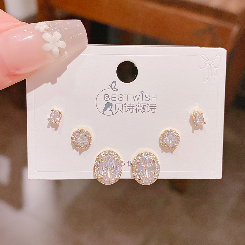 Wind real gold electroplated copper-set zircon 6 pieces three pairs of small earrings collection, earring accessories