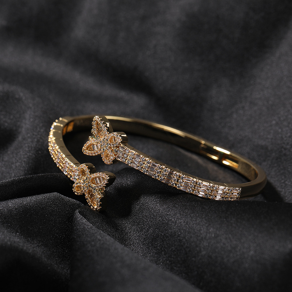 Street Double Butterfly Bracelet Unisex Hip Hop Copper Inlaid Zircon Open Bracelet