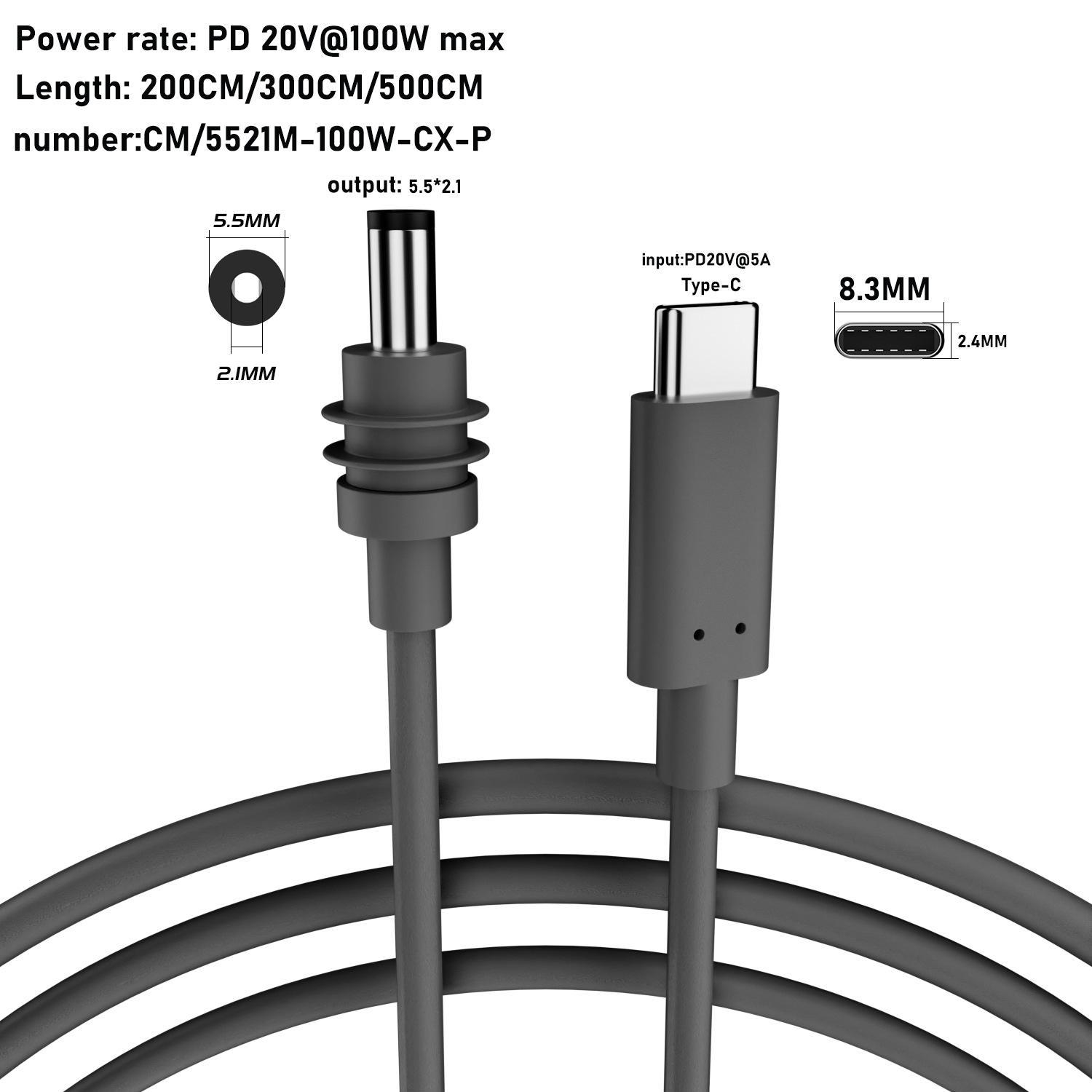 Type-C male to DC female output laptop adapter, reverse output PD trigger 100W fast charging plug