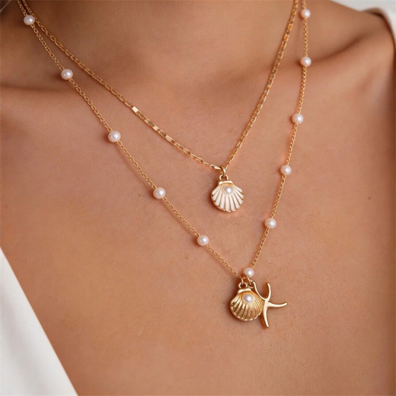 Summer Ocean Vacation Starfish Shell Conch Pearl Multi-layer Necklace Exaggerated Multi-layer Layered Necklace