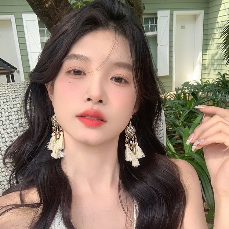 Ethnic Style Long Tassel Earrings Bohemian Face-Slimming Earrings Yunnan Sichuan West Travel Outfit Accessories