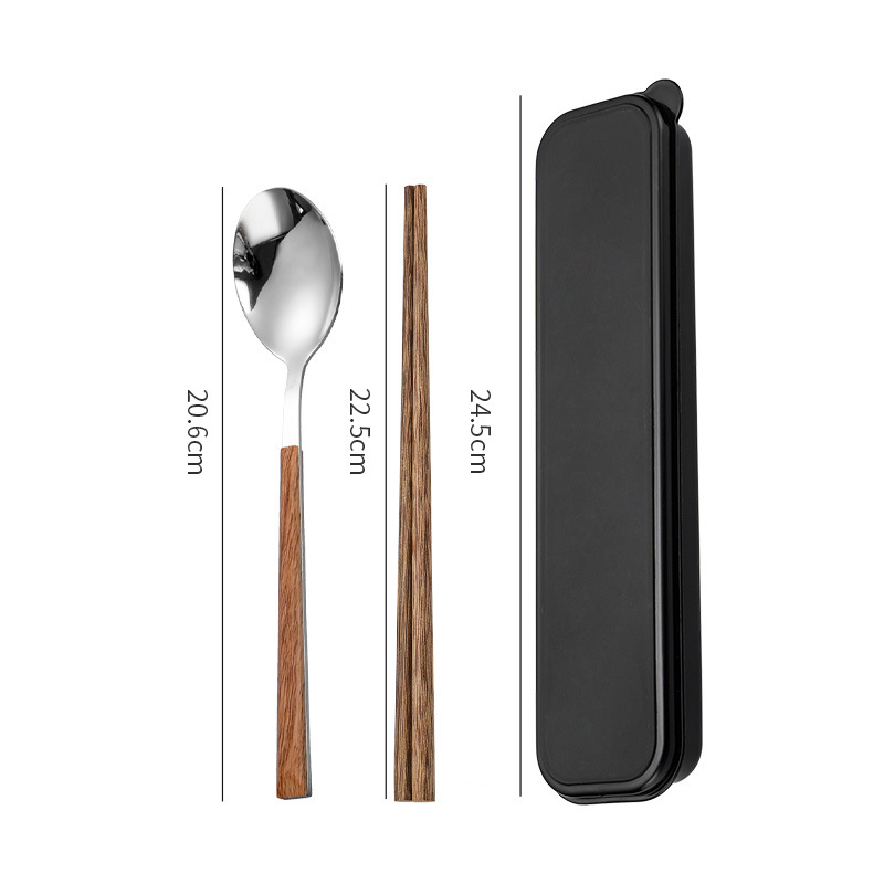 Chopsticks and spoon set, one-person convenient tableware, student storage box, fork, single wooden chopsticks, three-piece set