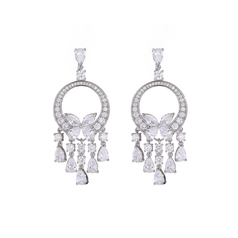 Micro-Inlaid Zircon Green Butterfly Tassel Heavy Craft Earrings s925 Silver Needle Dress Accessories