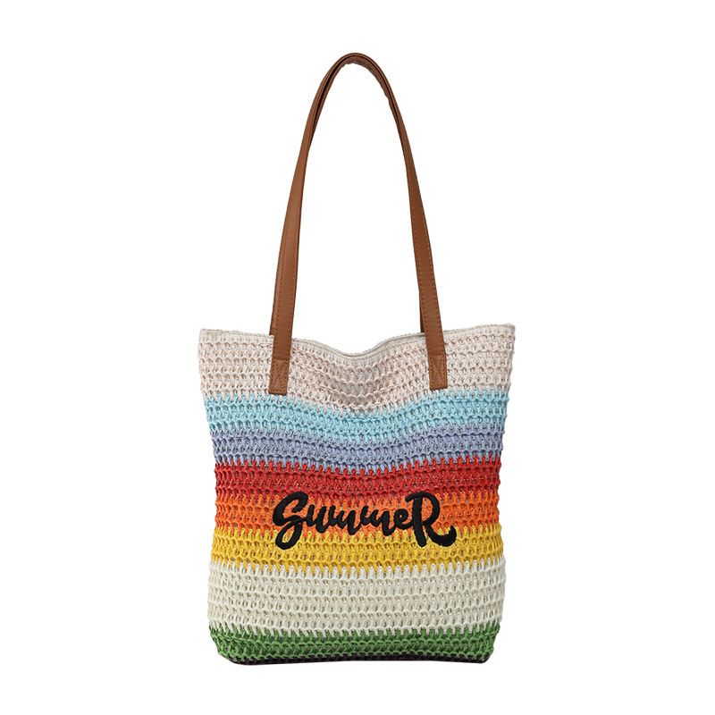 2026 new straw woven bag women's large capacity shopping bag striped letter beach bag embroidered handbag