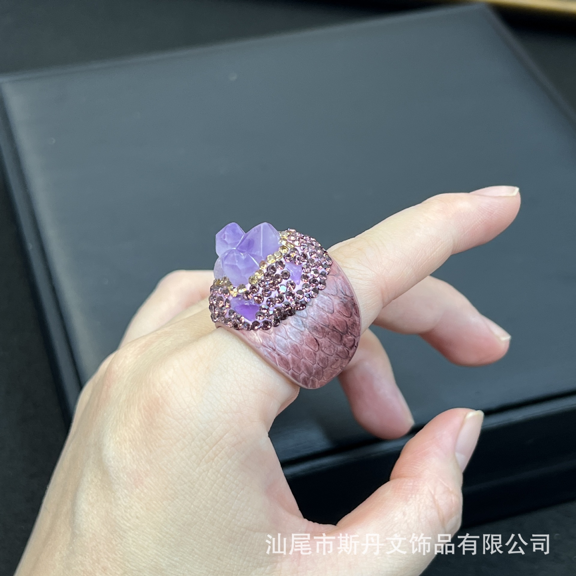 New Natural Amethyst Raw Stone Genuine Leather Ring Niche Handcrafted Inlay Ring Live Stream