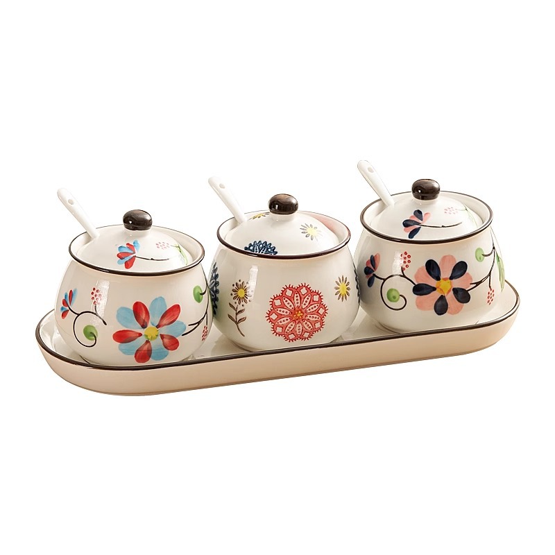 Japanese underglaze color ceramic seasoning pot household with lid MSG salt pot high temperature resistant chili oil pot seasoning pot set