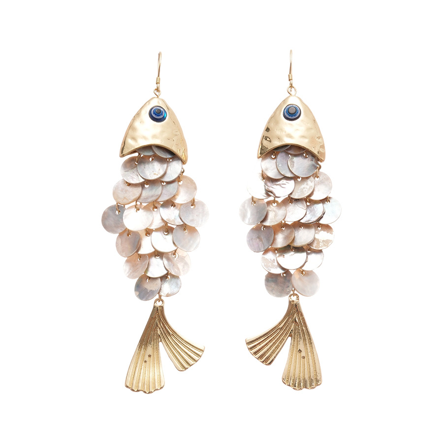 Fish-Shaped Shell Tassel Ear Hook Beach Vacation Style Earrings for Women