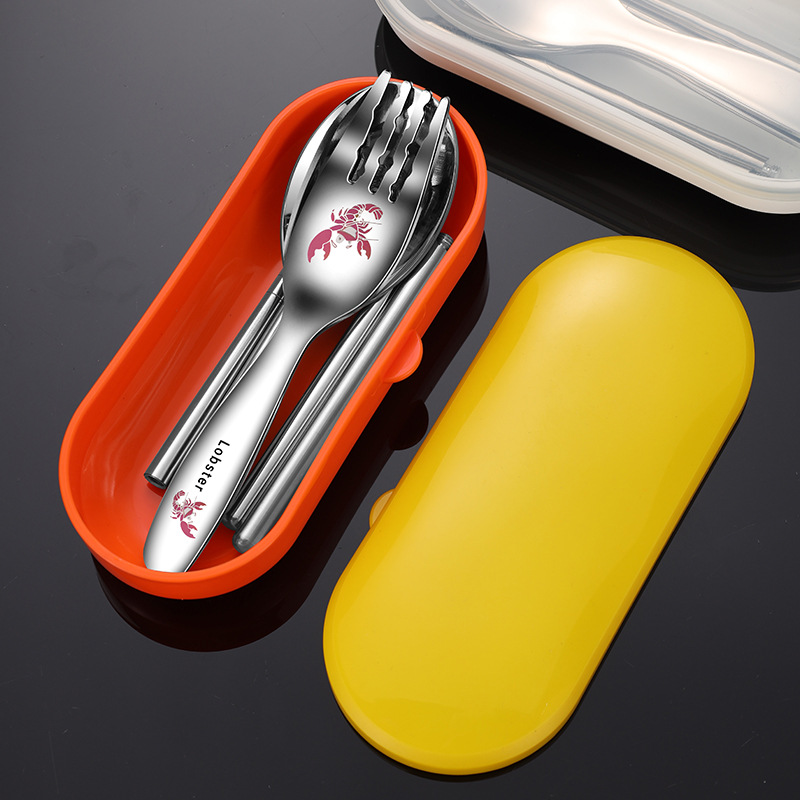 316L portable cutlery set cartoon spoon fork chopsticks three-piece student outdoor portable picnic spoon chopsticks